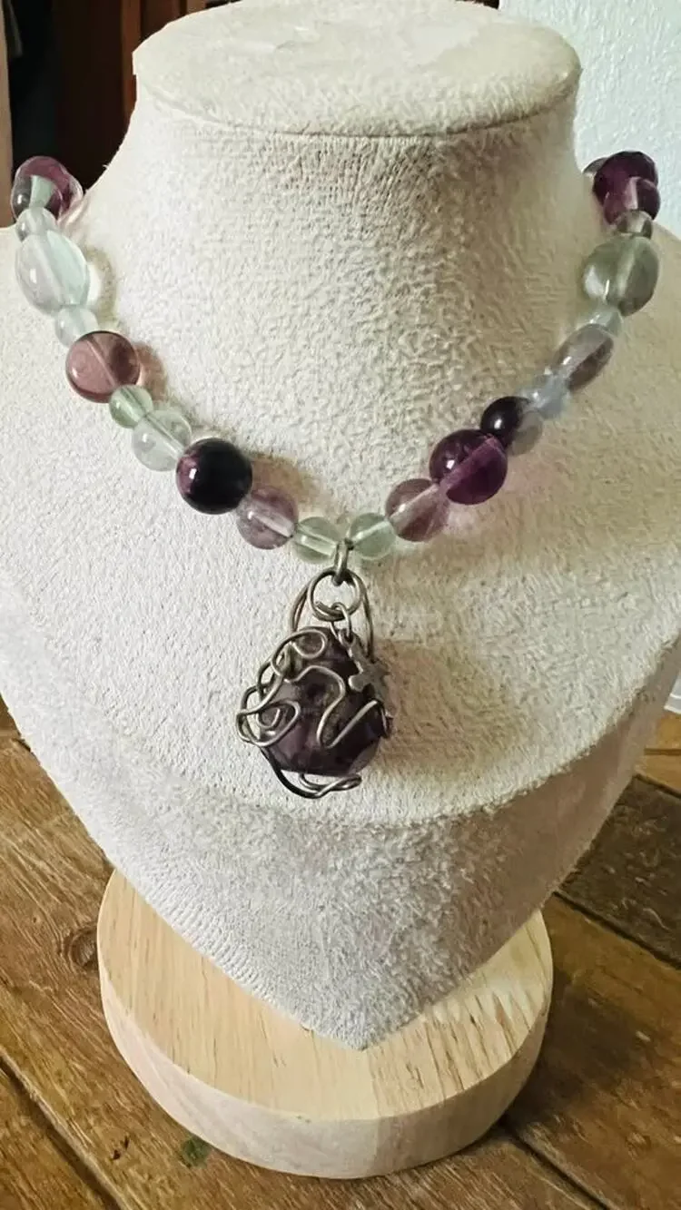 Fluorite Bead Necklace 16”  with Wire-Wrapped Stone Pendant